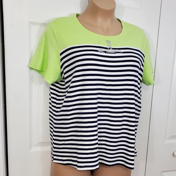Kim Rogers Curvy Women's Short Sleeve 100% Cotton Stripe Lighthouse Top Size 2X - Picture 2 of 9